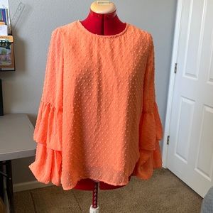 New heimish  orange puff 3/4 sleeve blouse with Swiss dots sz L as shown
